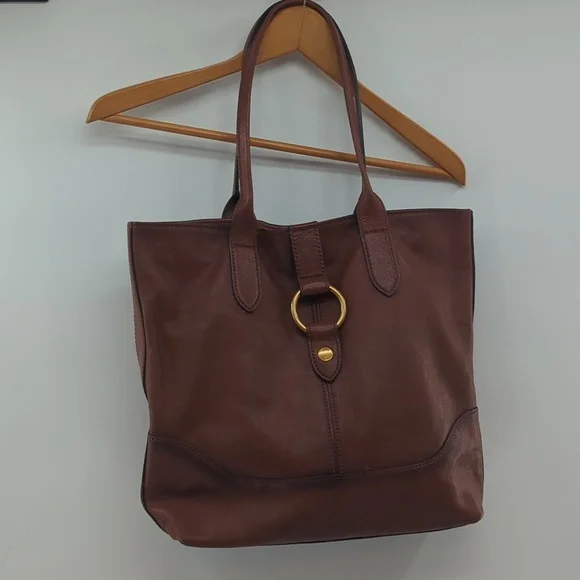 FRYE Cognac Brown Leather Ring Tote Handbag Purse Bag Carryall Large